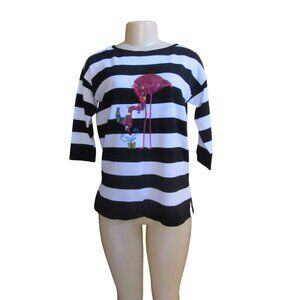 Vintage Lauren Michelle BW Striped Sweater w Sequin Pink Flamingo Design S